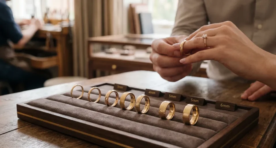 Moteris juvelyrikos salone matuojasi vestuvinį žiedą, o ant stalo išdėstyti skirtingo pločio auksiniai vestuviniai žiedai