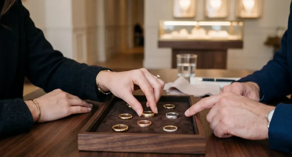 Pora juvelyrikos salone renkasi vestuvinius žiedus, apžiūri skirtingus aukso ir sidabro žiedų modelius ant padėklo