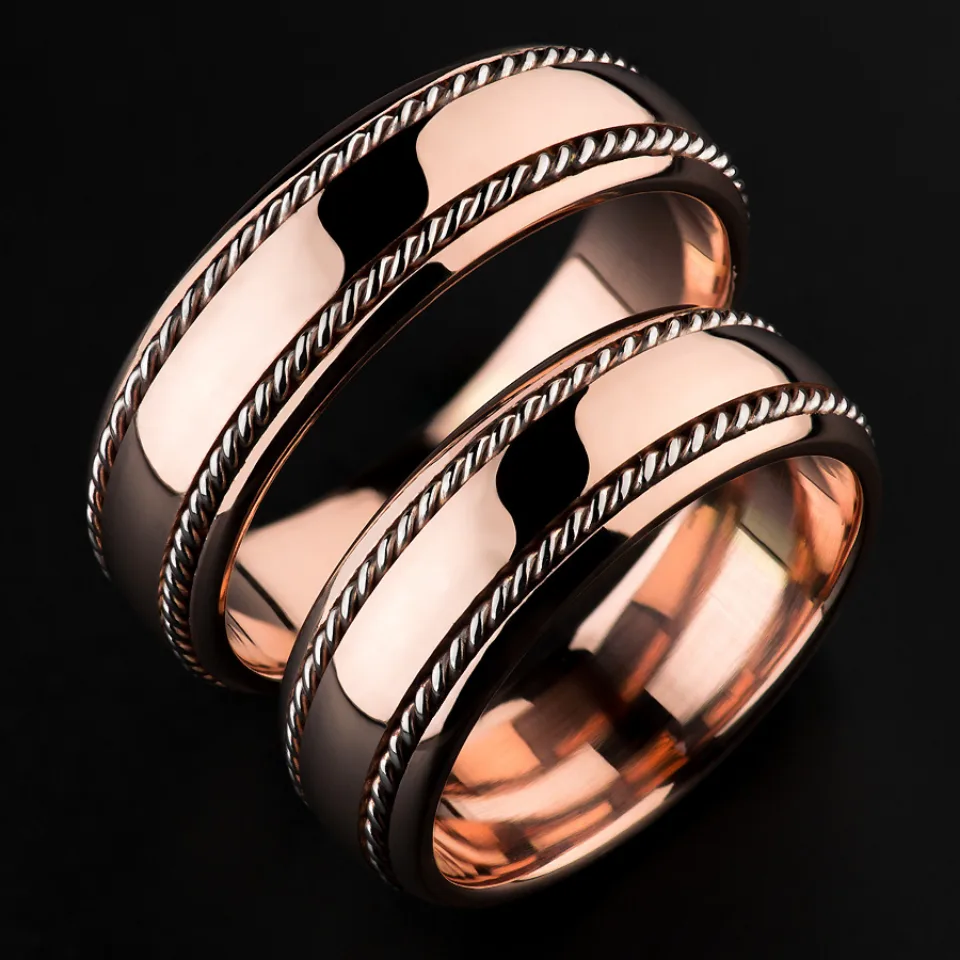 Vestuviniai žiedai Nr. V085-2 – rožinio aukso žiedai su pintu krašteliu