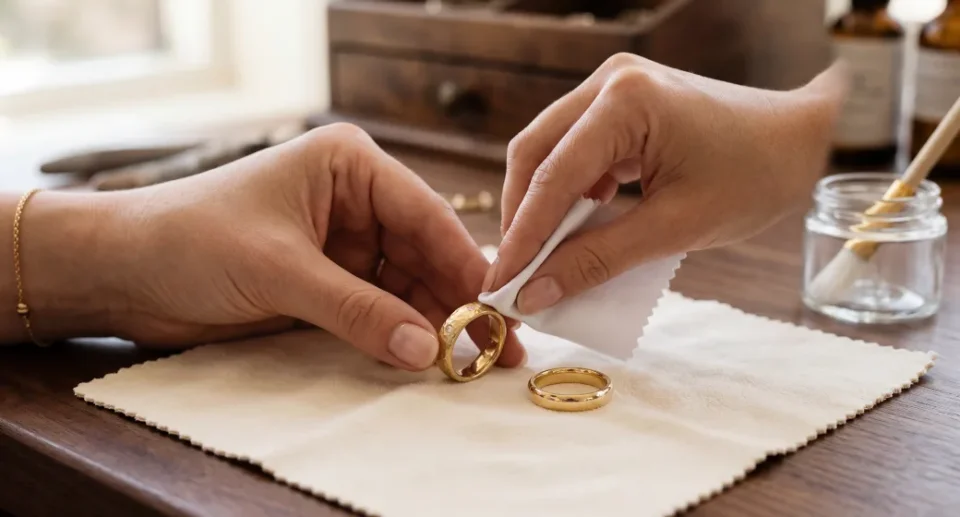 Vestuvinių žiedų priežiūra rankos švelniai valo auksinį vestuvinį žiedą specialia šluoste ant minkšto paviršiaus